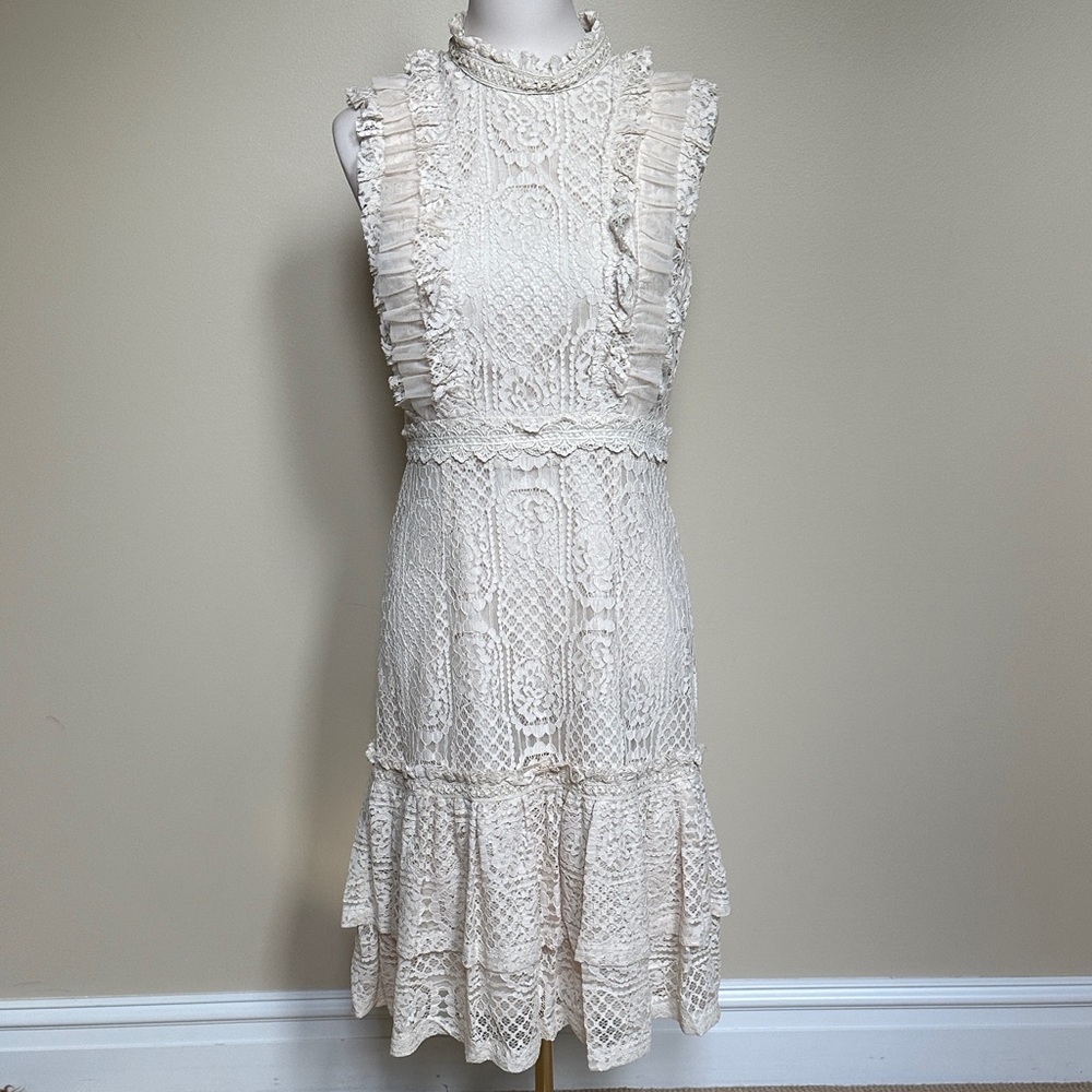 Champagne & Strawberry Cream Lace Ruffle Midi Dress,High Neck Feminine Boho Chic